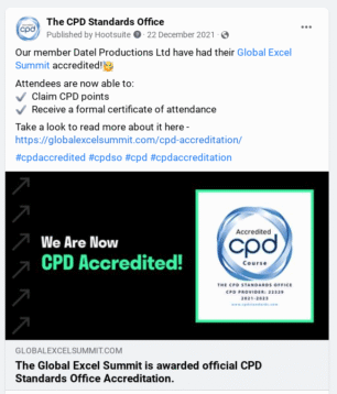 Facebook post announcing that Datel Productions.png Facebook post announcing that Datel Productions' Global Excel Summit has been CPD accredited